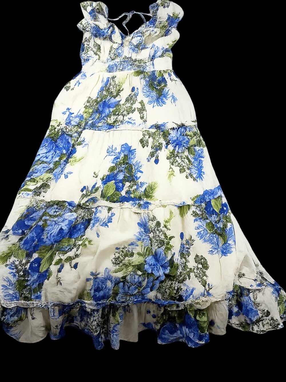 Caroline Constas M Blue Floral Cotton Tiered Maxi Dress Ruffle Cottagecore